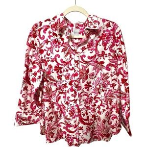Chico’s No Iron Blouse Shirt Button Chic Stretch Floral Red Pink Size 1P 8P